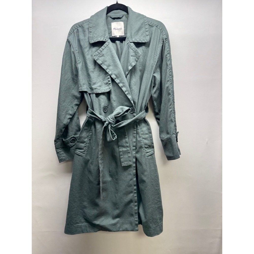 Madewell Trench Coat Womens M Green Linen Cotton Blend Belted Drapey Long Jacket - Picture 1 of 6